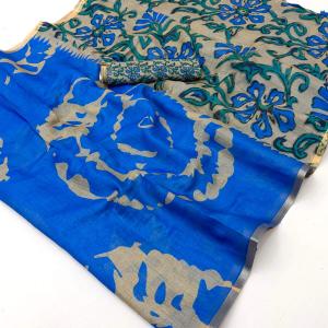 Snappy Royal Blue Printed Cotton Silk Saree With Exceptional Blouse Piece