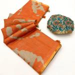 Panoply Orange Printed Cotton Silk Saree With Verdant Blouse Piece