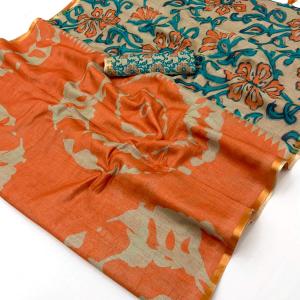 Panoply Orange Printed Cotton Silk Saree With Verdant Blouse Piece