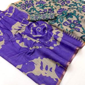 Fancifull Royal Purple Printed Cotton Silk Saree With Vibrant Blouse Piece