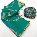 Staggering Rama Printed Cotton Silk Saree With Diaphanous Blouse Piece