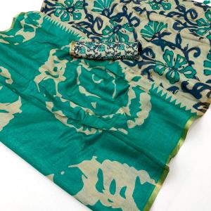 Staggering Rama Printed Cotton Silk Saree With Diaphanous Blouse Piece