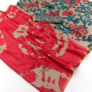 Energetic Red Printed Cotton Silk Saree With Designer Blouse Piece