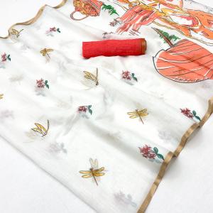 Smart Off White Printed Cotton Silk Saree With Adorning Blouse Piece