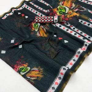 Lagniappe Black Printed Cotton Silk Saree With Scintilla Blouse Piece
