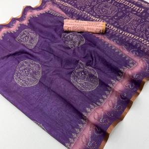 Serendipity Purple Printed Cotton Silk Saree With Opulent Blouse Piece