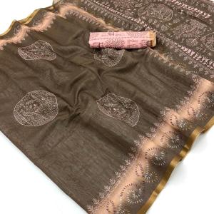 Prettiest Brown Printed Cotton Silk Saree With Delectable Blouse Piece