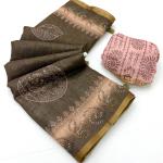 Prettiest Brown Printed Cotton Silk Saree With Delectable Blouse Piece