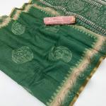 Ephemeral Dark Green Printed Cotton Silk Saree With Fancifull Blouse Piece