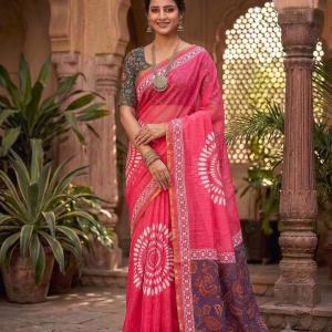 Gorgeous Dark Pink Printed Cotton Silk Saree With Luxuriant Blouse Piece