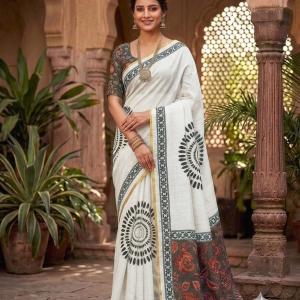 Transcendent Off White Printed Cotton Silk Saree With Magnificat Blouse Piece