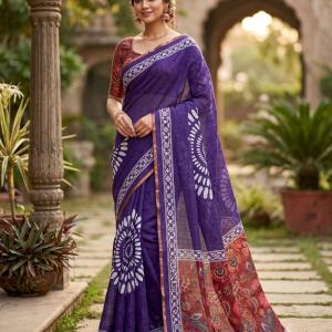 Enthralling Purple Printed Cotton Silk Saree With Devastating Blouse Piece