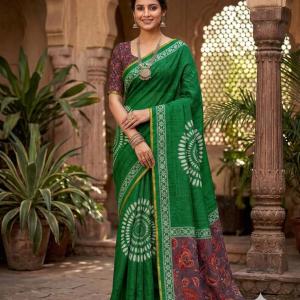 Engrossing Dark Green Printed Cotton Silk Saree With Gleaming Blouse Piece