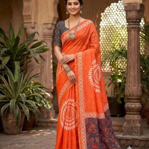 Murmurous Orange Printed Cotton Silk Saree With Delightful Blouse Piece