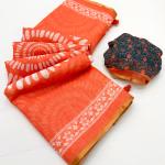 Murmurous Orange Printed Cotton Silk Saree With Delightful Blouse Piece