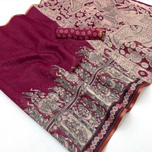 Fantabulous Dark Pink Kalamkari Printed Cotton Silk Saree With Imaginative Blouse Piece