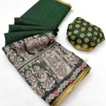 Sumptuous Dark Green Kalamkari Printed Cotton Silk Saree With Scintillating Blouse Piece