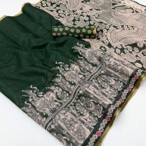Sumptuous Dark Green Kalamkari Printed Cotton Silk Saree With Scintillating Blouse Piece