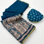 Stylish Navy Blue Kalamkari Printed Cotton Silk Saree With Nectarous Blouse Piece