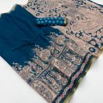 Stylish Navy Blue Kalamkari Printed Cotton Silk Saree With Nectarous Blouse Piece