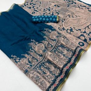 Stylish Navy Blue Kalamkari Printed Cotton Silk Saree With Nectarous Blouse Piece