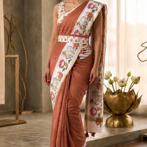 Enamoring Brown Printed Cotton Silk Saree With Epiphany Blouse Piece