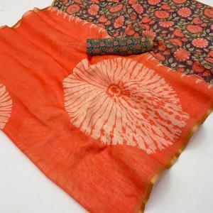 Wonderful Orange Printed Cotton Silk Saree With Jubilant Blouse Piece