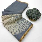 Marvellous Grey Printed Cotton Silk Saree With Elaborate Blouse Piece