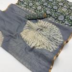 Marvellous Grey Printed Cotton Silk Saree With Elaborate Blouse Piece