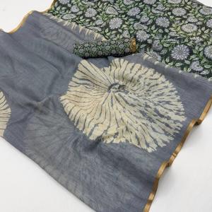 Marvellous Grey Printed Cotton Silk Saree With Elaborate Blouse Piece