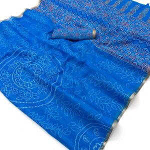 Ideal Royal Blue Printed Cotton Silk Saree With Murmurous Blouse Piece