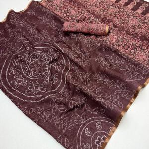 Glowing Brown Printed Cotton Silk Saree With Admirable Blouse Piece