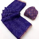 Winsome Royal Purple Printed Cotton Silk Saree With Symmetrical Blouse Piece