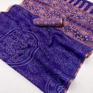 Winsome Royal Purple Printed Cotton Silk Saree With Symmetrical Blouse Piece