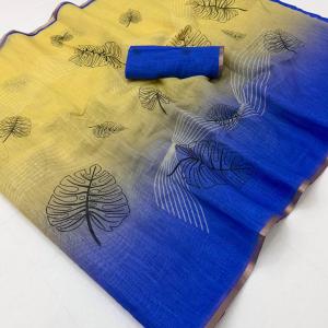 Jubilant Yellow and Blue Printed Cotton Silk Saree With Nebula Blouse Piece