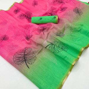 Fragrant Pink and Green Printed Cotton Silk Saree With Incredible Blouse Piece