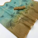 Gossamer Sky and Brown Printed Cotton Silk Saree With Splendorous Blouse Piece