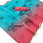 Outstanding Sky and Pink Printed Cotton Silk Saree With Gratifying Blouse Piece