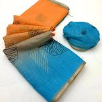 Devastating Orange and Blue Printed Cotton Silk Saree With Scintilla Blouse Piece