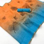 Devastating Orange and Blue Printed Cotton Silk Saree With Scintilla Blouse Piece