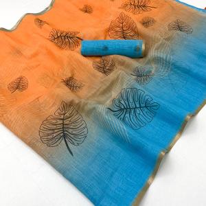 Devastating Orange and Blue Printed Cotton Silk Saree With Scintilla Blouse Piece