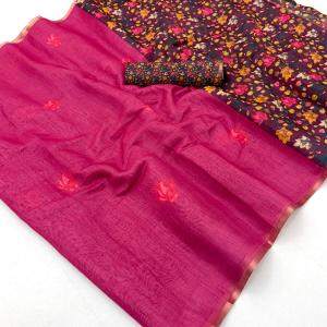 Smart Dark Pink Printed Cotton Silk Saree With Conflate Blouse Piece