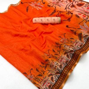 Vivacious Orange Printed Cotton Silk Saree With Nemesis Blouse Piece