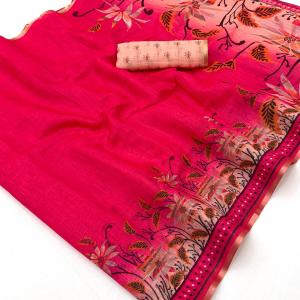 Sensational Dark Pink Printed Cotton Silk Saree With Snazzy Blouse Piece