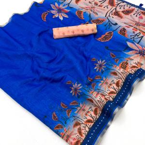 Sonorous Royal Blue Printed Cotton Silk Saree With Wonderful Blouse Piece
