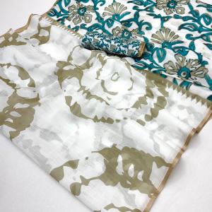 Opulent Off White Printed Cotton Silk Saree With Pleasant Blouse Piece