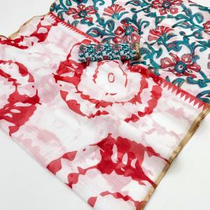 Ethnic Off White Printed Cotton Silk Saree With Demanding Blouse Piece