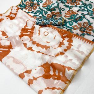 Sumptuous Off White Printed Cotton Silk Saree With Blooming Blouse Piece