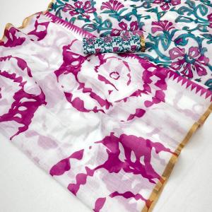 Nectarous Off White Printed Cotton Silk Saree With Snazzy Blouse Piece