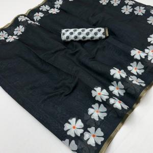 Lissome Black Printed Cotton Silk Saree With Inspiring Blouse Piece